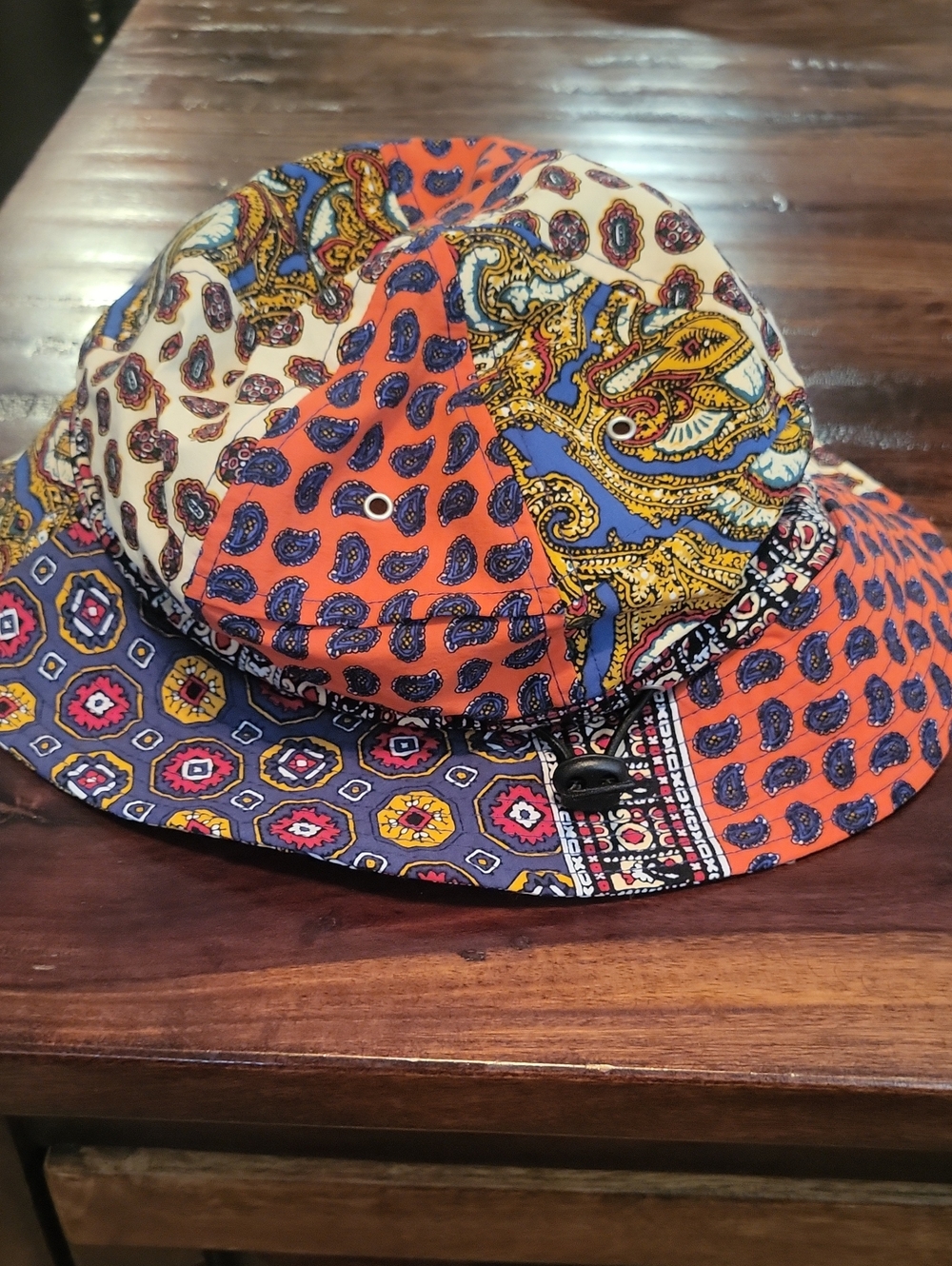 J. Crew Blue and Gold Paisley Bucket Hat with White Mesh Liner